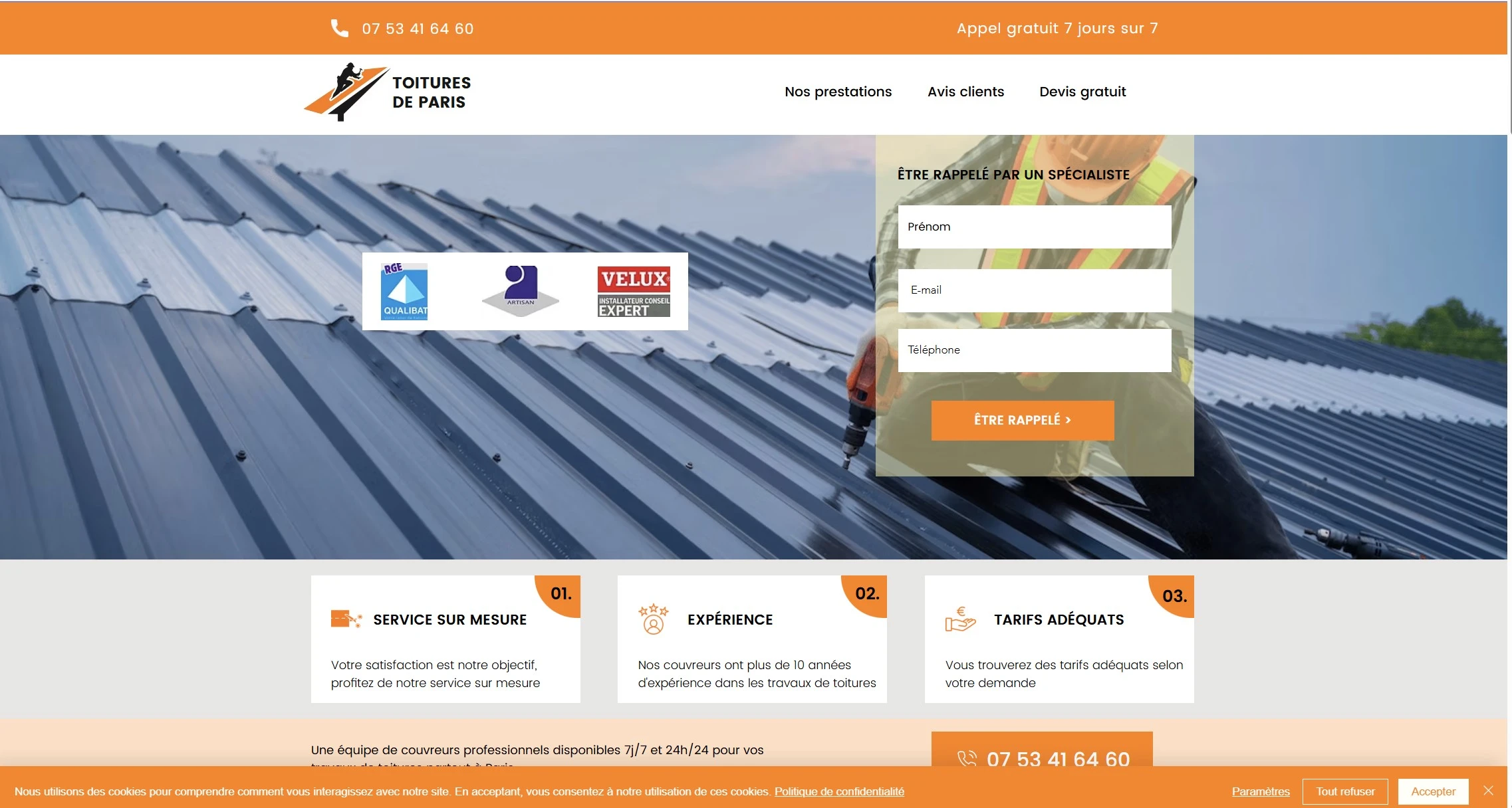 Site internet Toitures de Paris développé sous WordPress