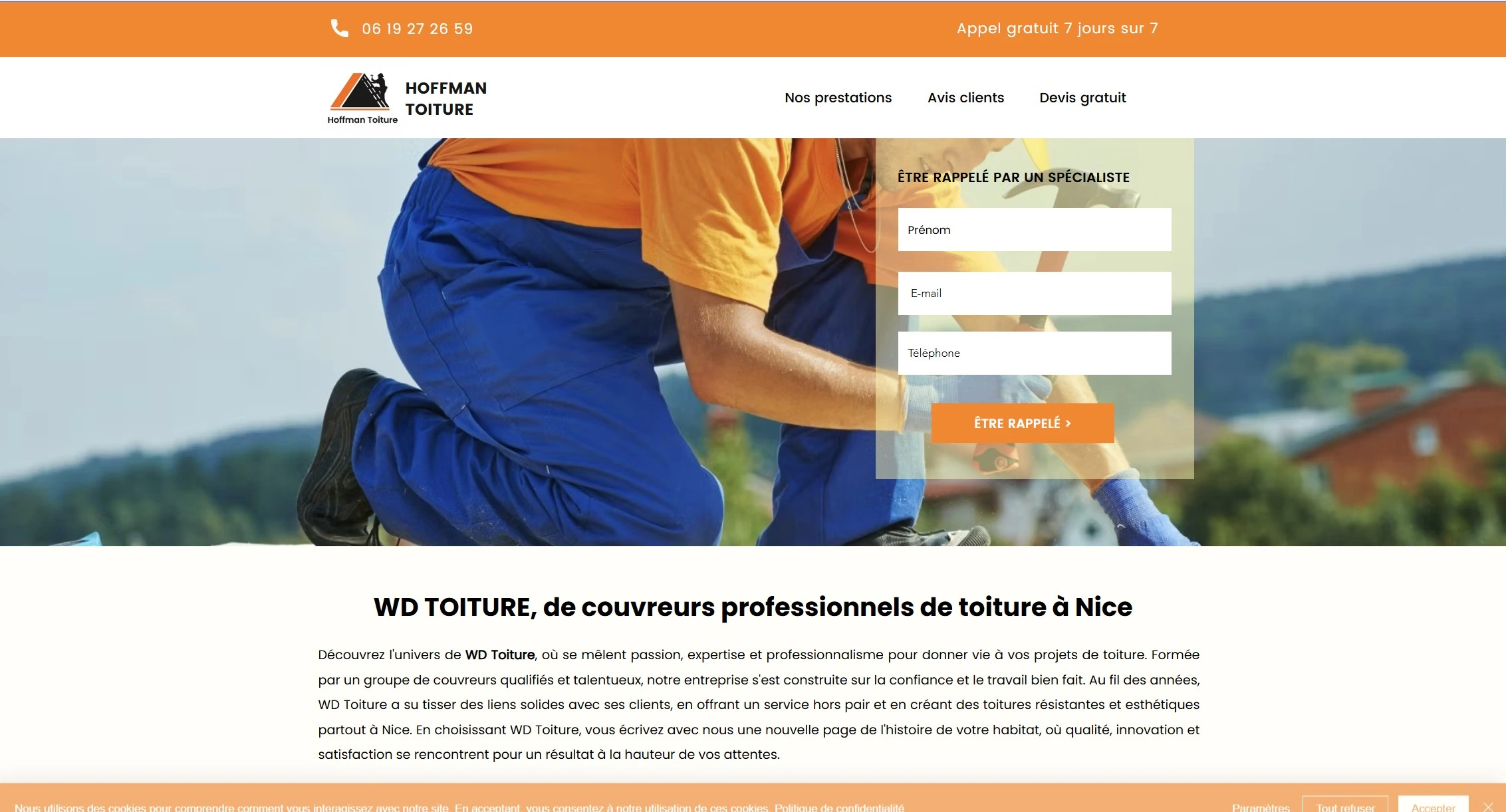Landing page WD Toiture conçue pour la génération de contacts